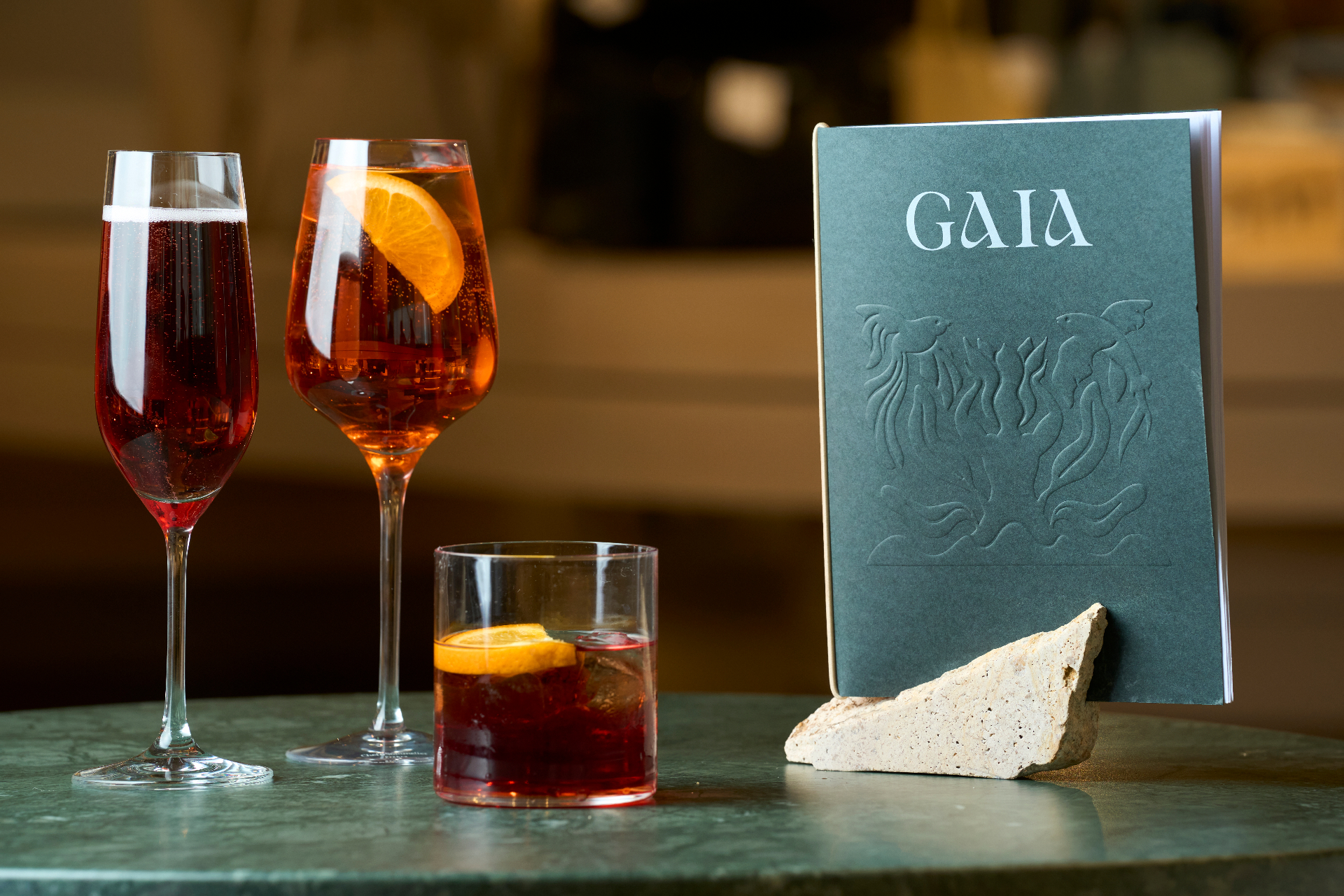 Cafe Gaia menu cover with drinks on a green table